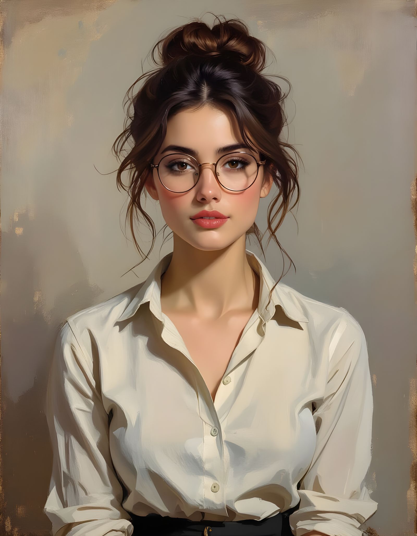 Brunette Woman Portrait in Impressionist Oil Painting Style