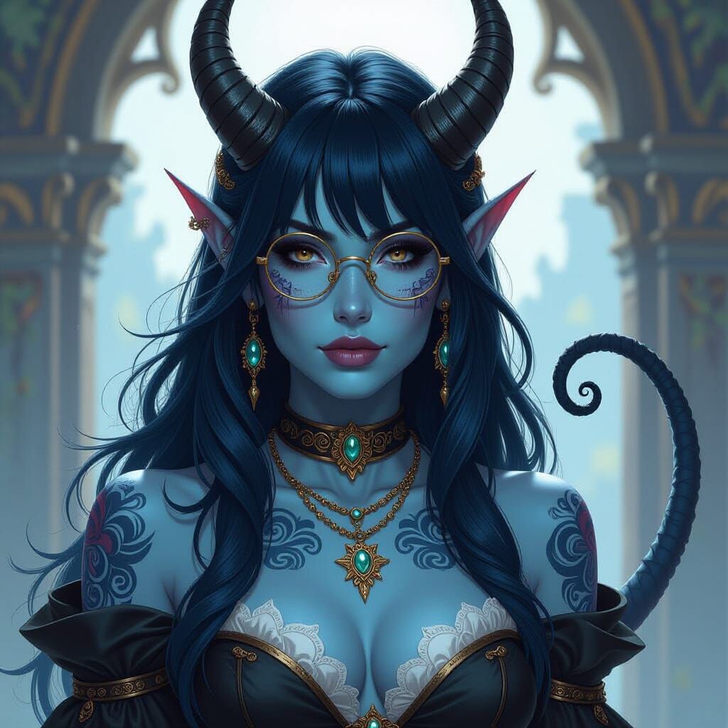 Blue Tiefling Cleric with Tattoos and Gold Glasses