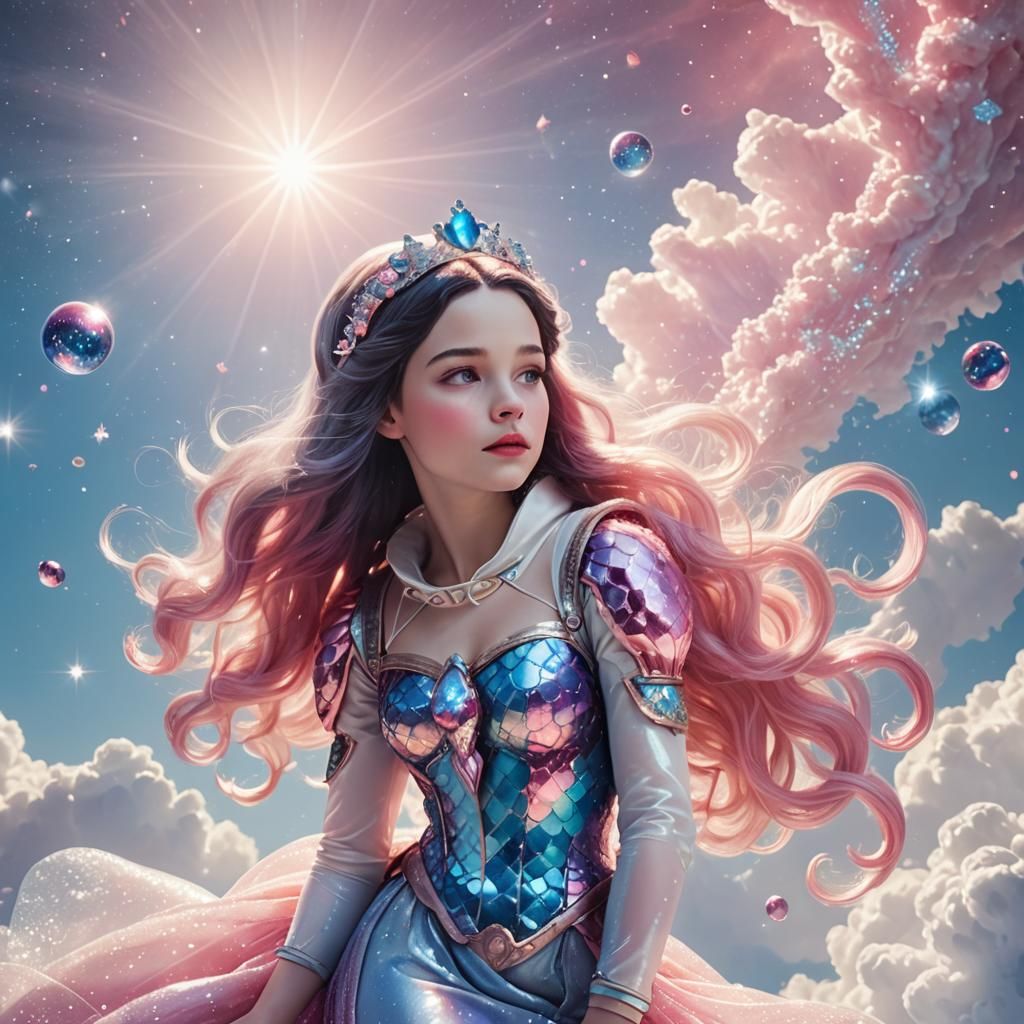 Snow White Cosmonaut Mermaid with Pink and Blue Sparkles