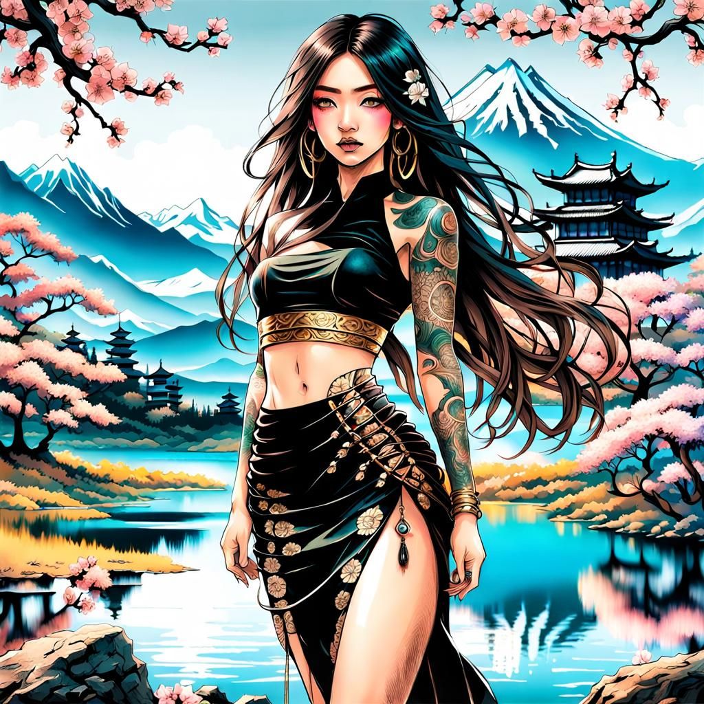 Exotic Beauty in Sakura Garden: Ink Drawing