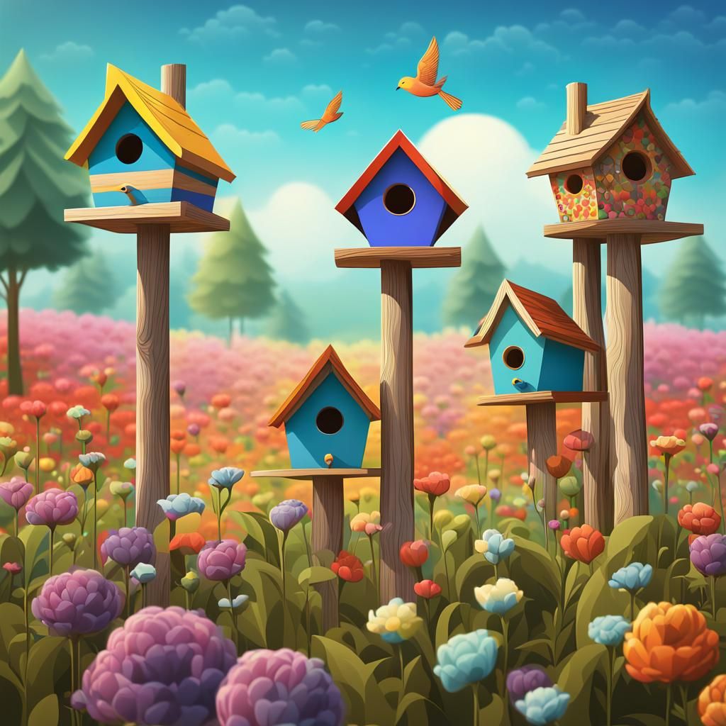 Birdhouses in Flower Field with Abstract Elements