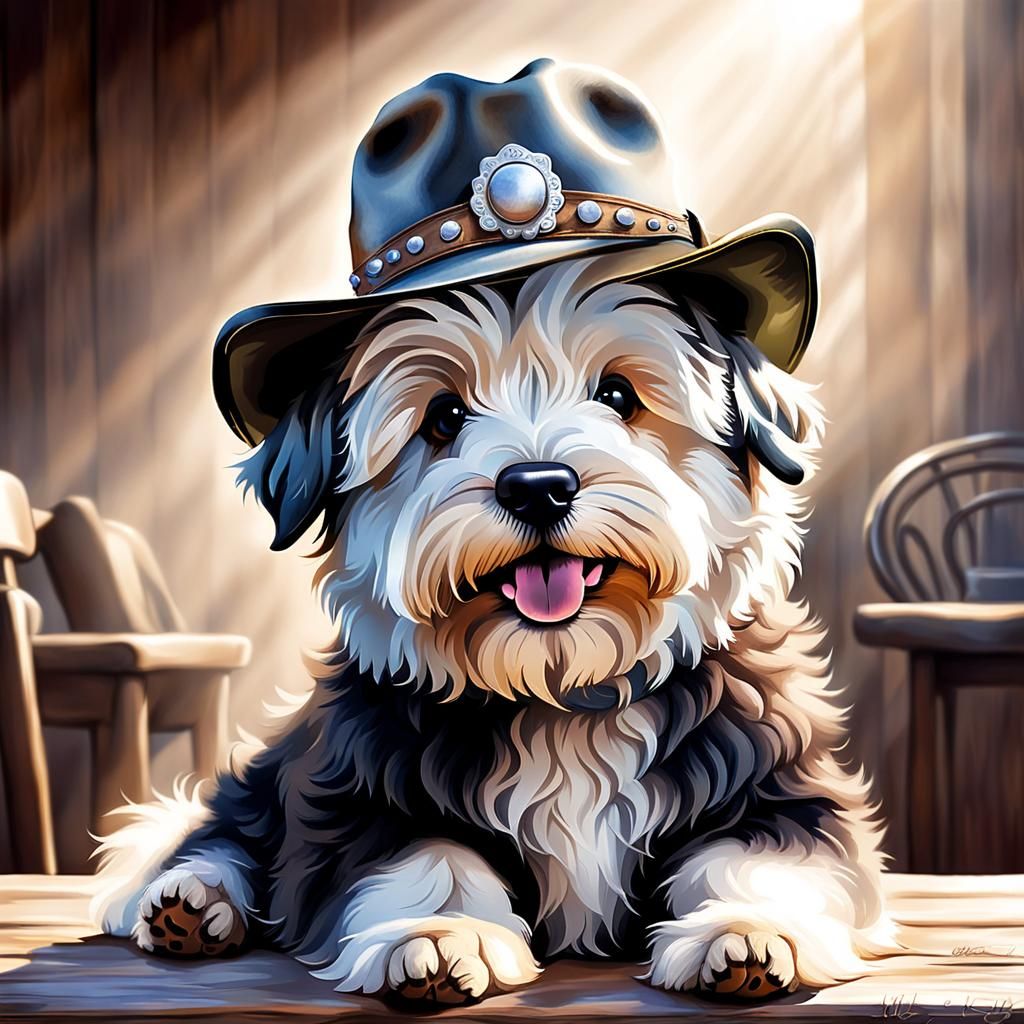 Old English Sheepdog Puppy in Cowboy Hat