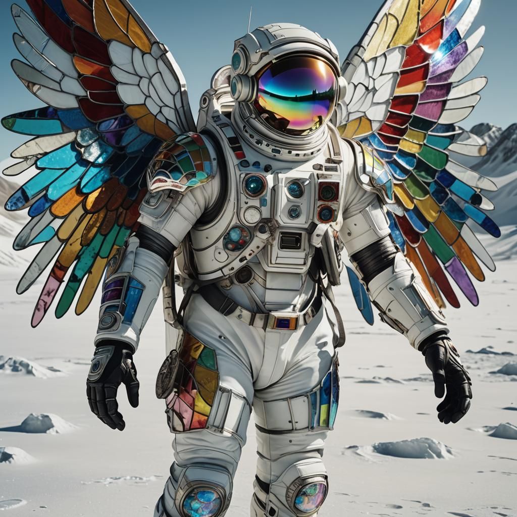 Biomechanical Astronaut with Rainbow Wings in Wasteland