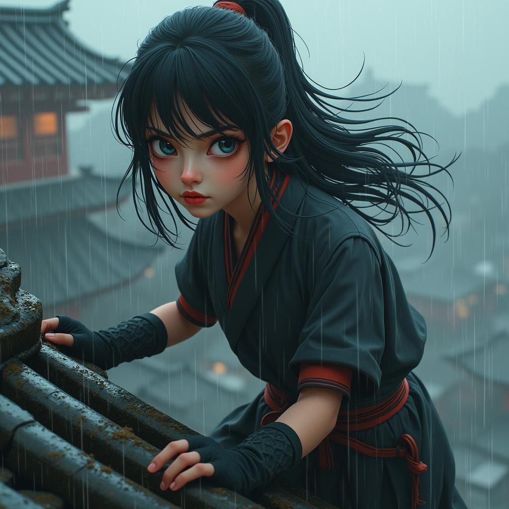 Ninja Girl Climbing Pagoda Roof in Misty Rain