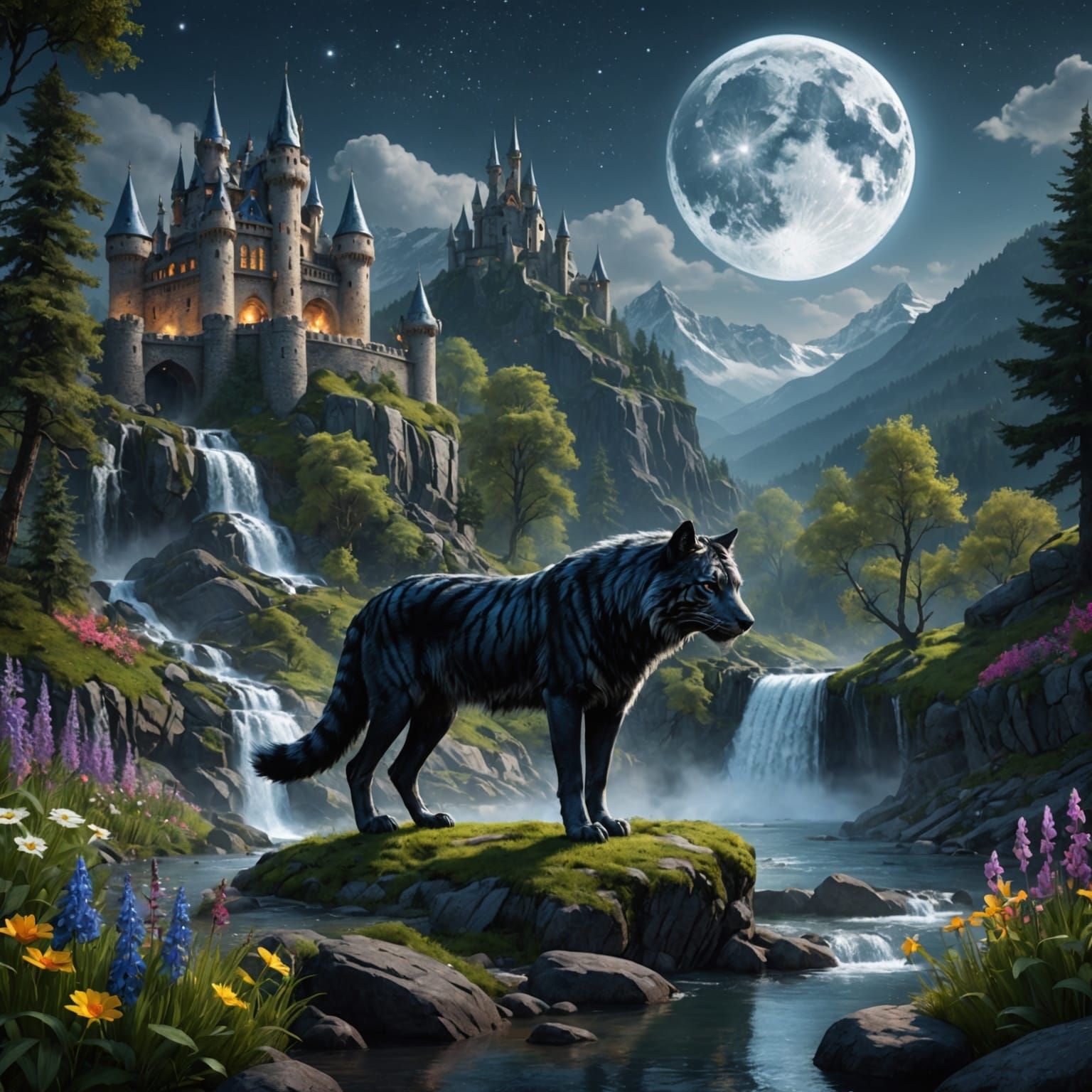 Enchanted Forest: Wolf and Tiger Fantasy Scene