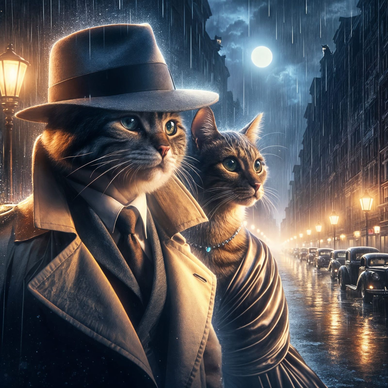 Noir Detective Cats in Rain-Soaked Cityscape