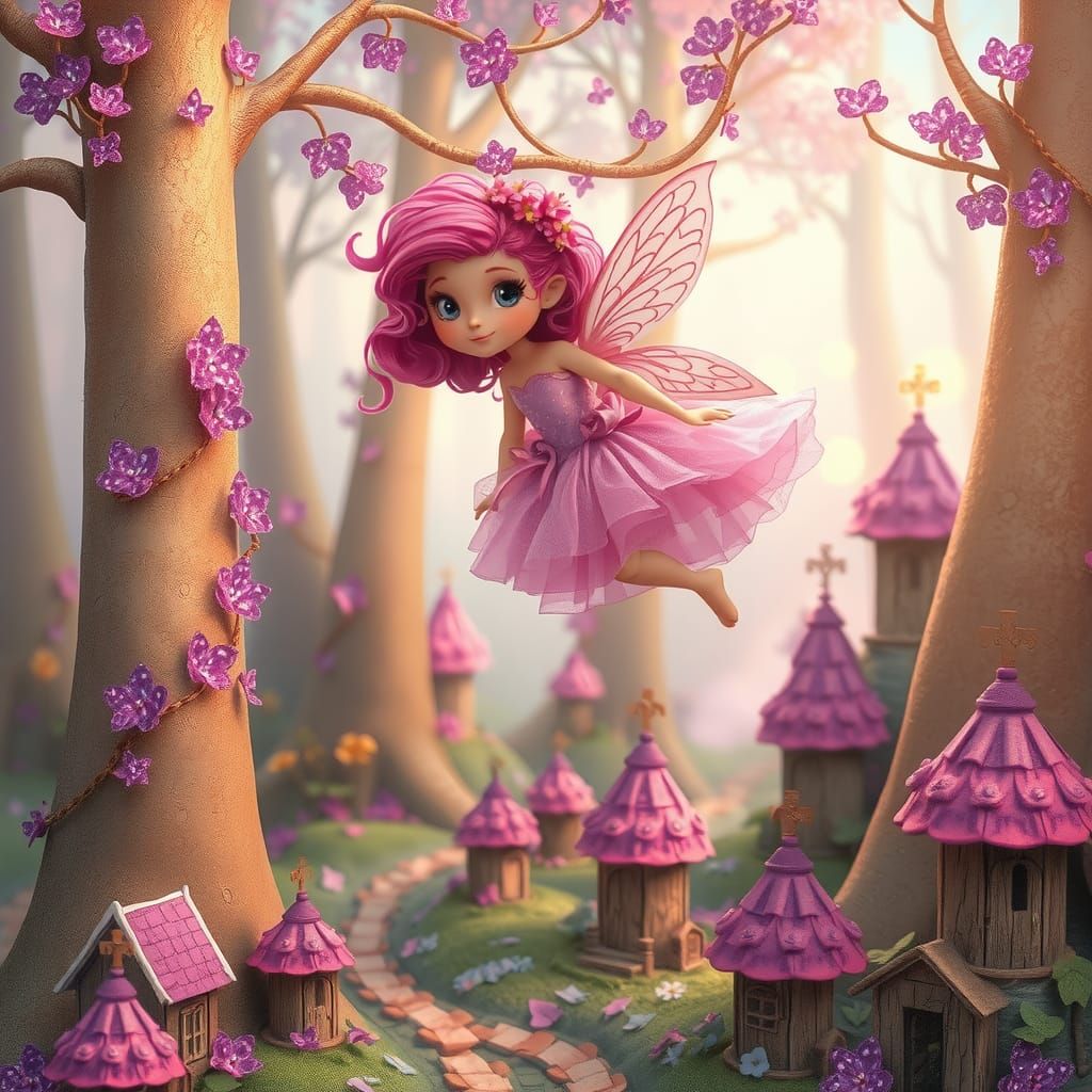 Whimsical Pink Fairy in Dreamy Landscape
