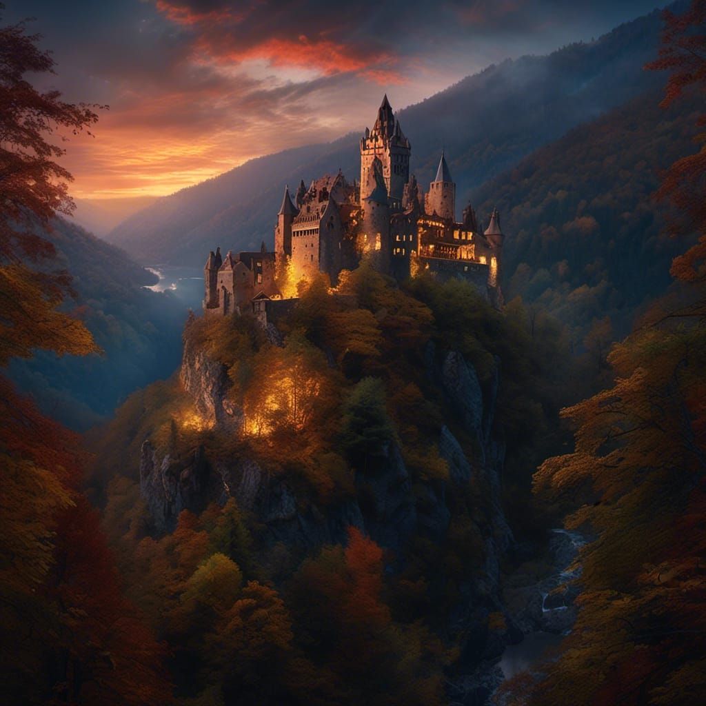 Ruined Bran Castle at Sunset over a Precipice