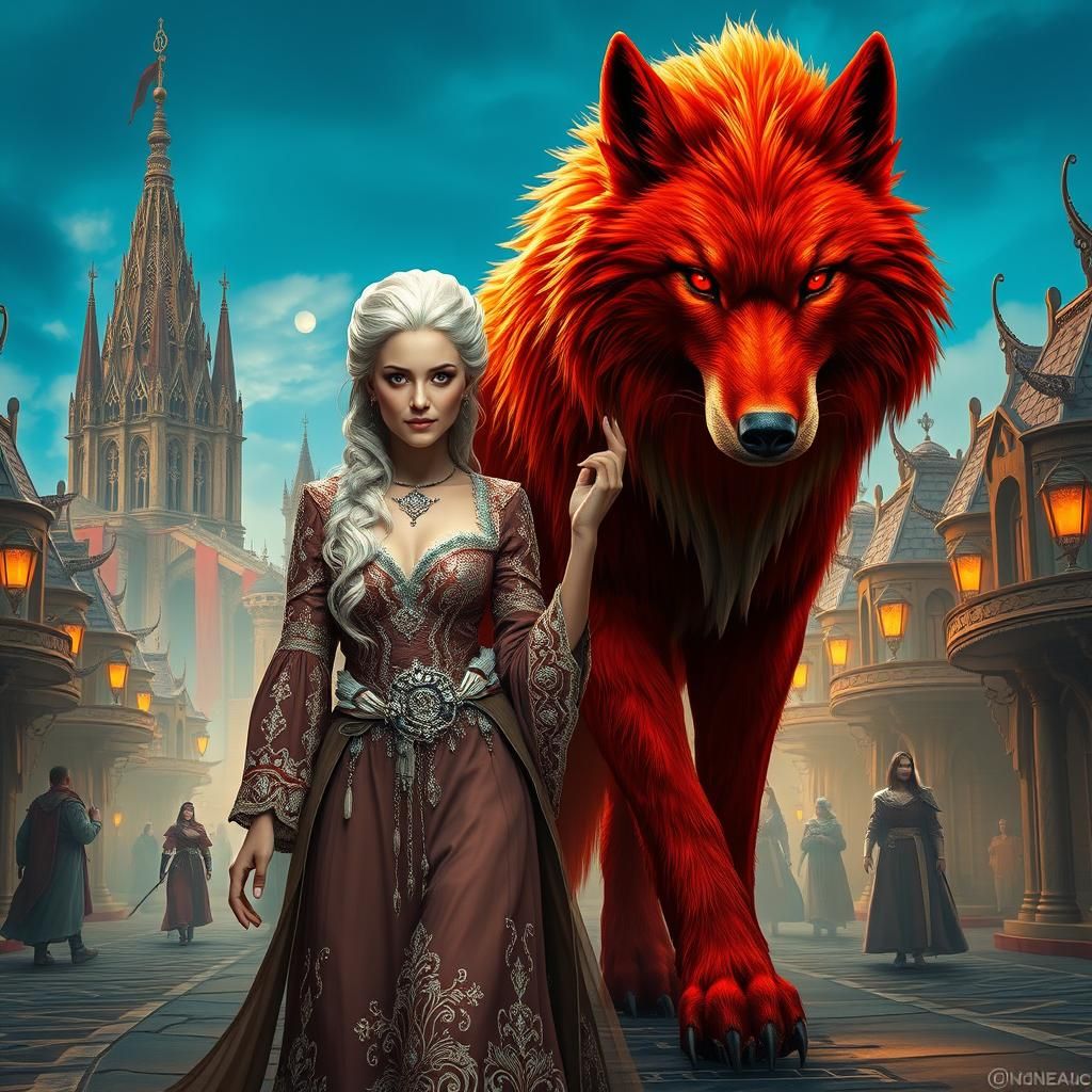 Elven Woman and Dire Wolf in Ancient City
