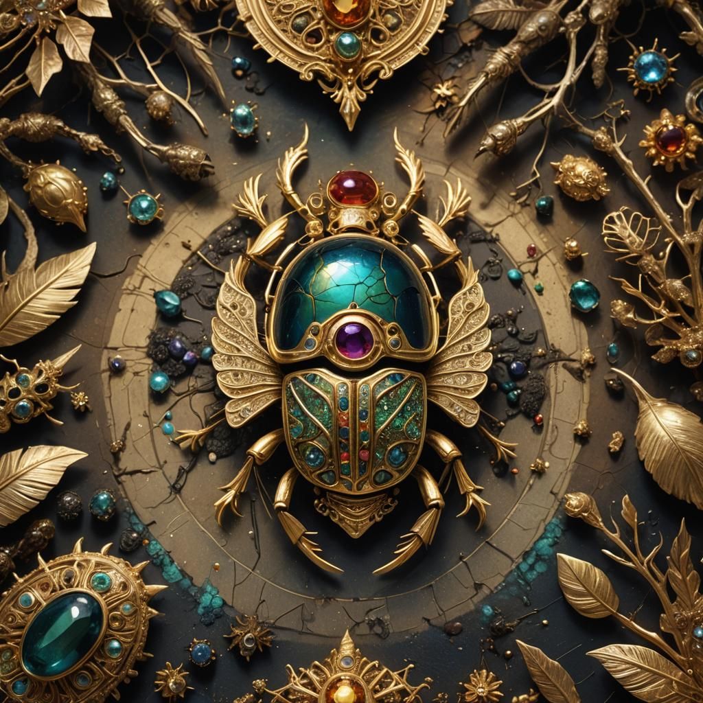 Golden Scarab Brooch in Dark Fantasy Style