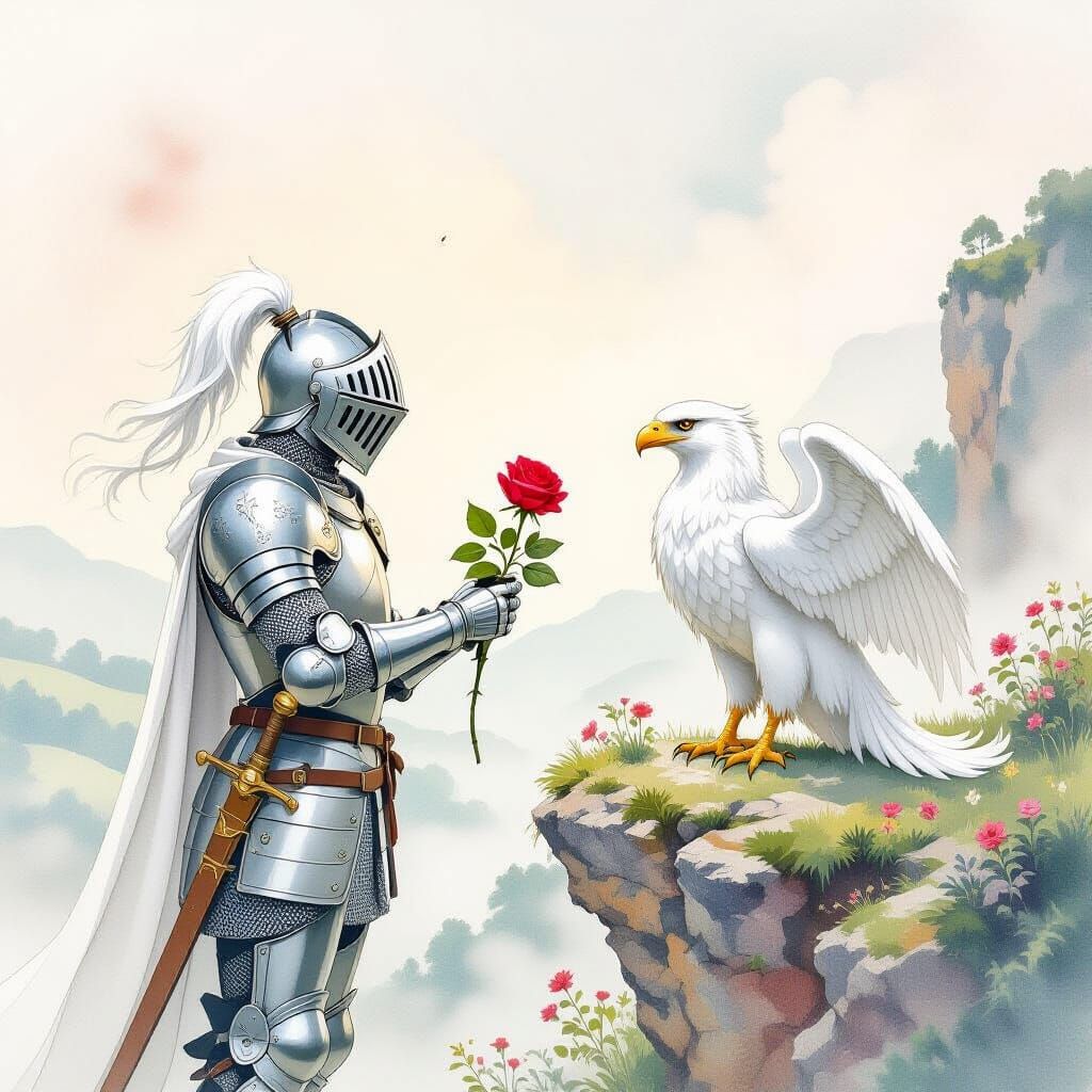 Knight Offers Rose to Griffin in Misty Valley