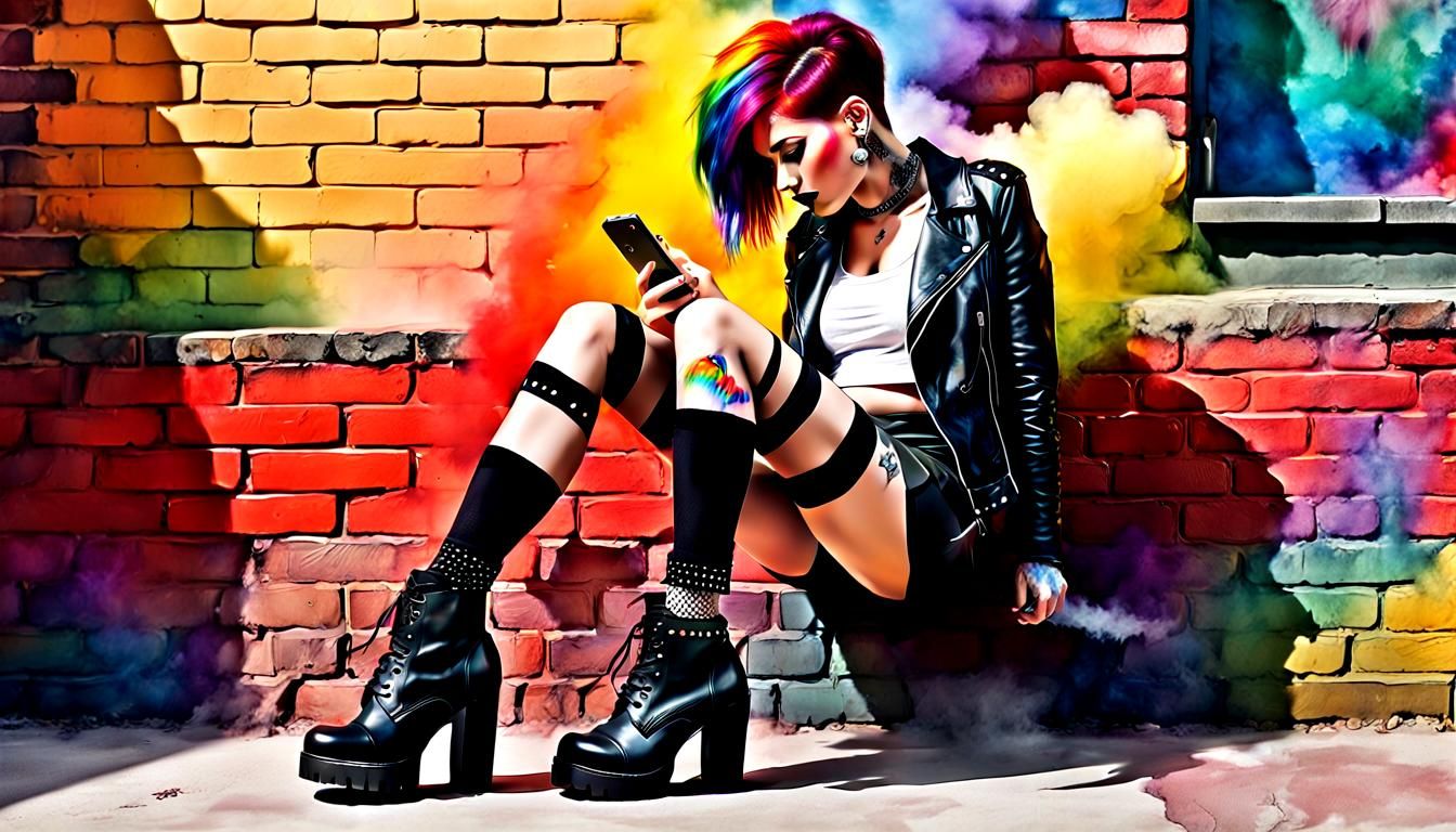 Young Woman with Rainbow Hair in Watercolor Style