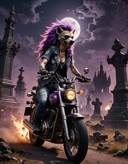 Furry Hyena Motorcycle Ride Through Gothic Graveyard
