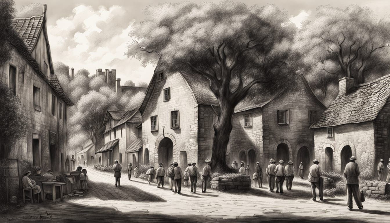 Charcoal Masterpiece of a Sun-Kissed Village Scene