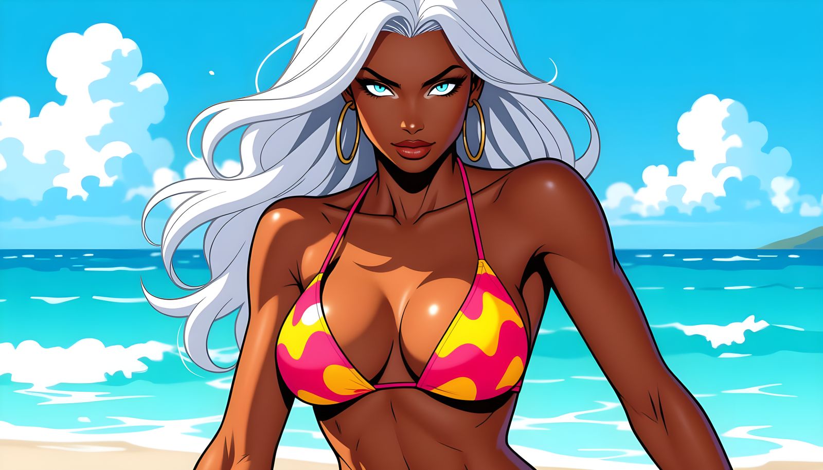Superheroine with White Hair on a Beach