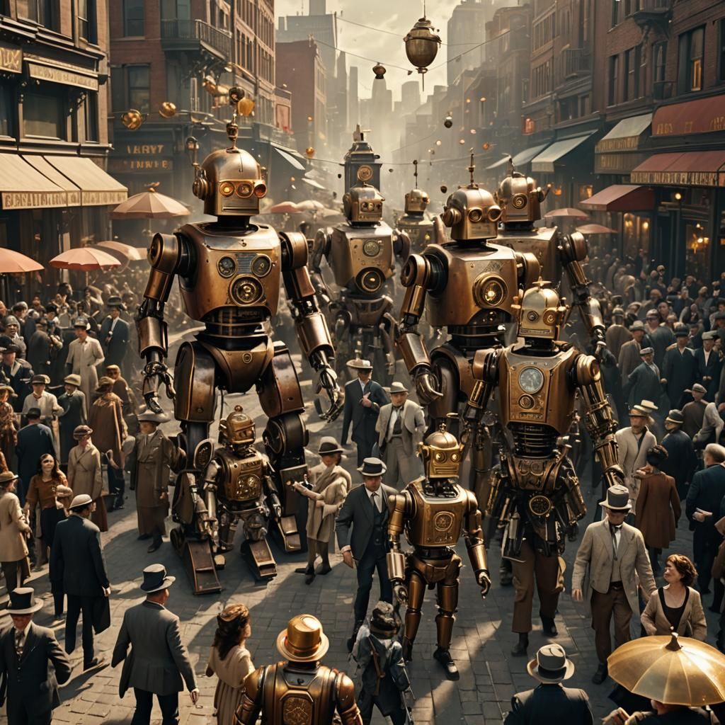 Steampunk Robots Clash in Cinematic Digital Painting
