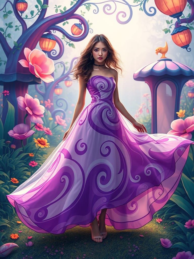 Woman in Swirling Dress, Whimsical Garden