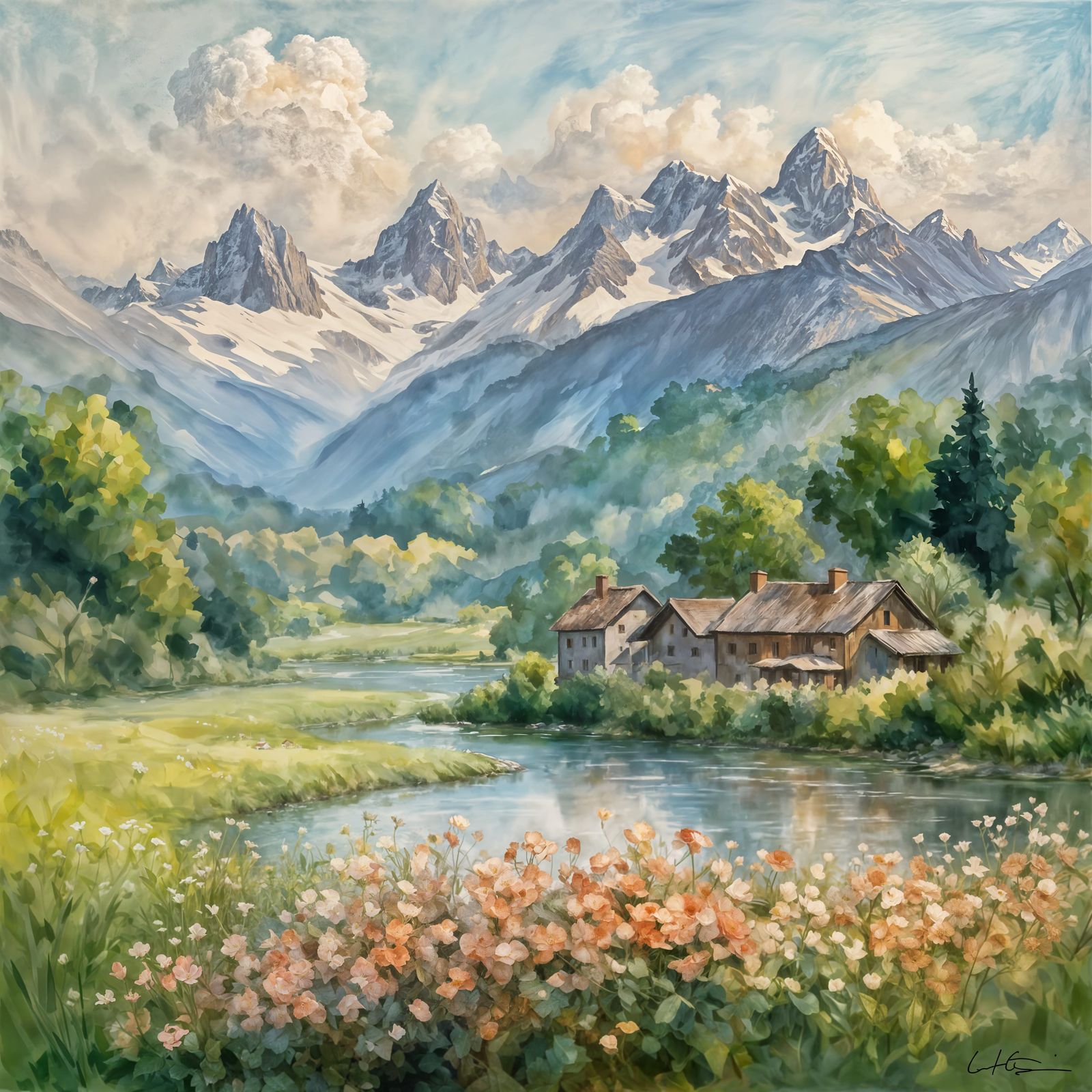 Idyllic Swiss Village in Alps, Impressionistic Landscape