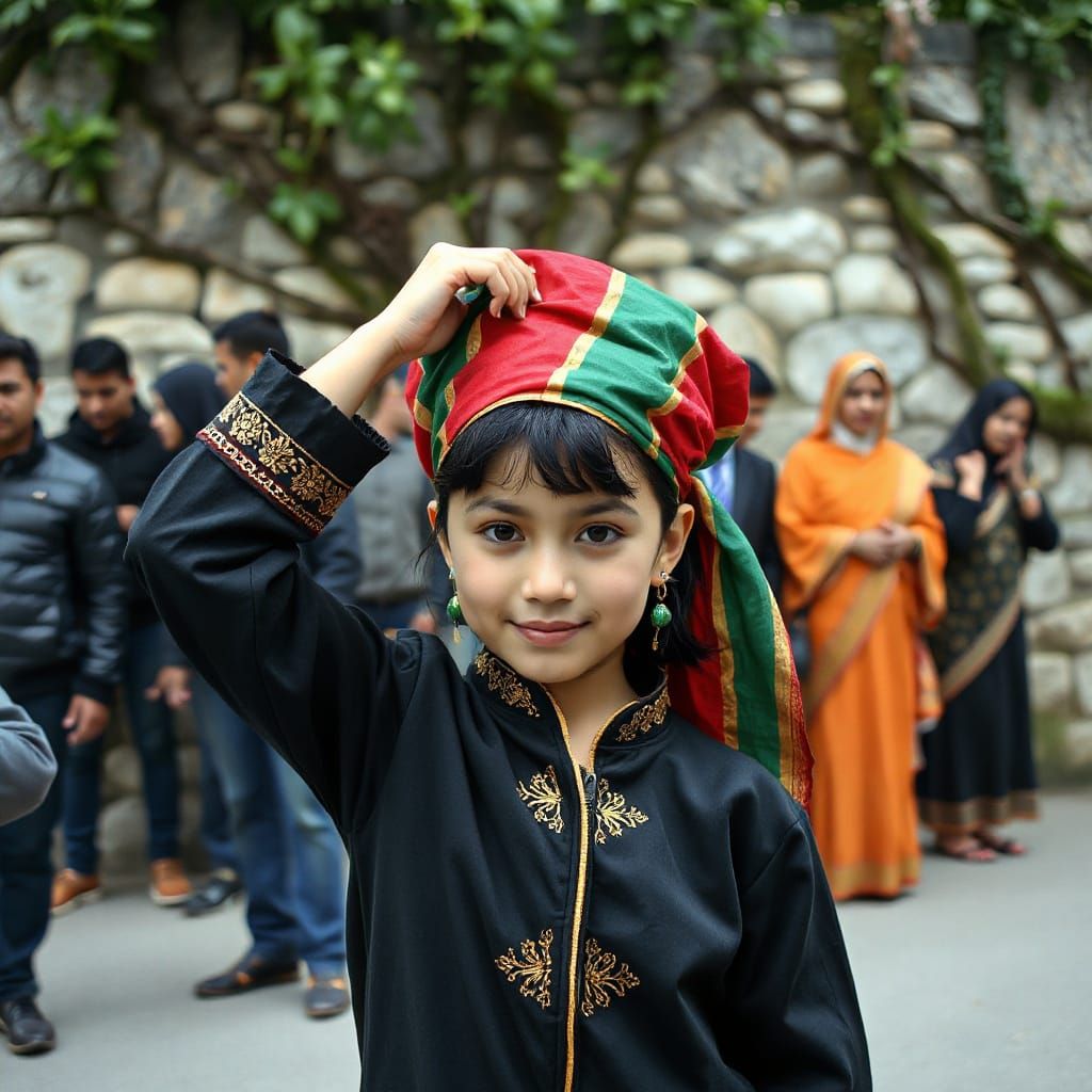 Young Girl in Traditional Attire with Vibrant Headscarf