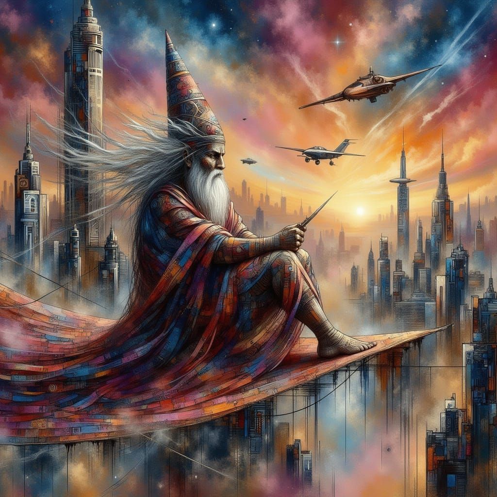 Wizard on Magic Carpet Above Futuristic City at Twilight