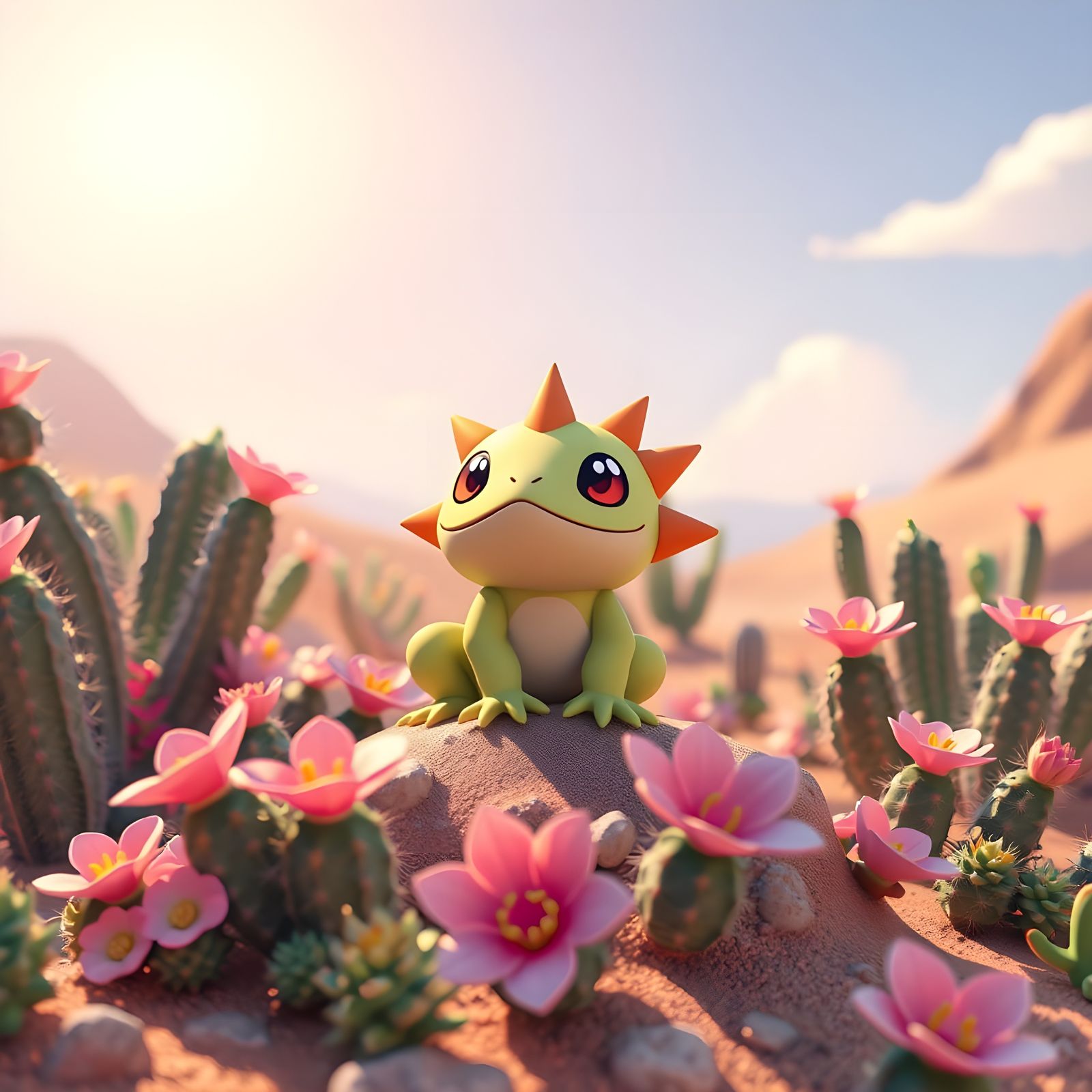 Cute Fakemon Bullfrog in Desert, 3D Pokémon Style
