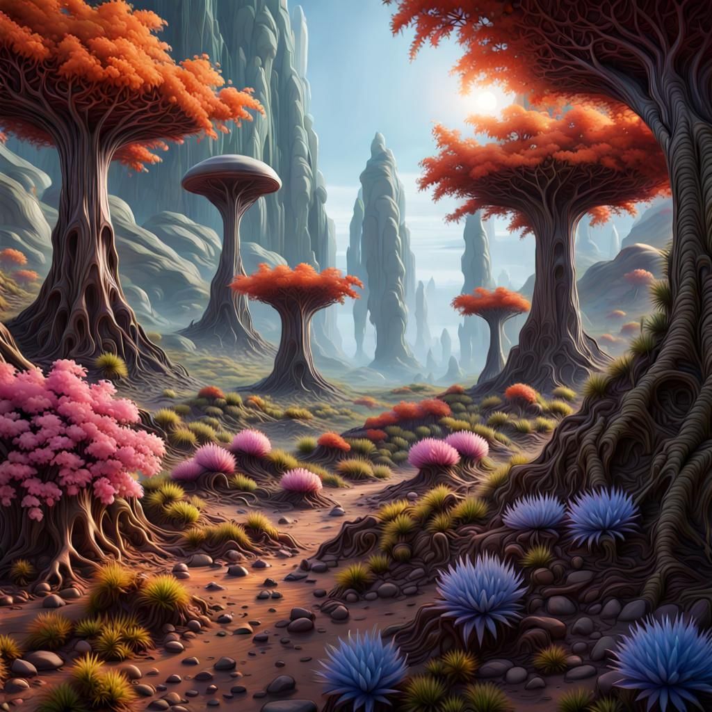 Vivid Alien Landscape in Hyperrealistic Style