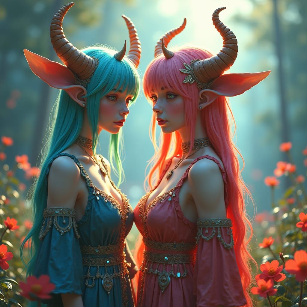 Mystical Therian Girls in Lush Fantasy Landscape