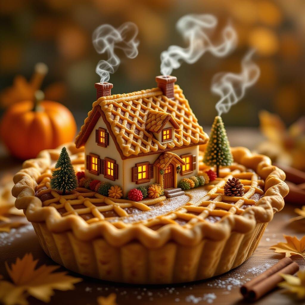 Miniature Village Inside Pumpkin Pie, Hyperrealistic Style
