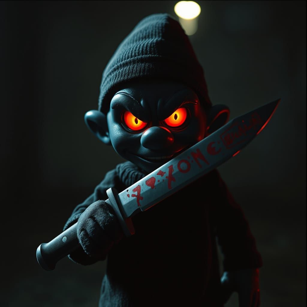 Menacing Black Smurf with Knife: Cinematic Film Still