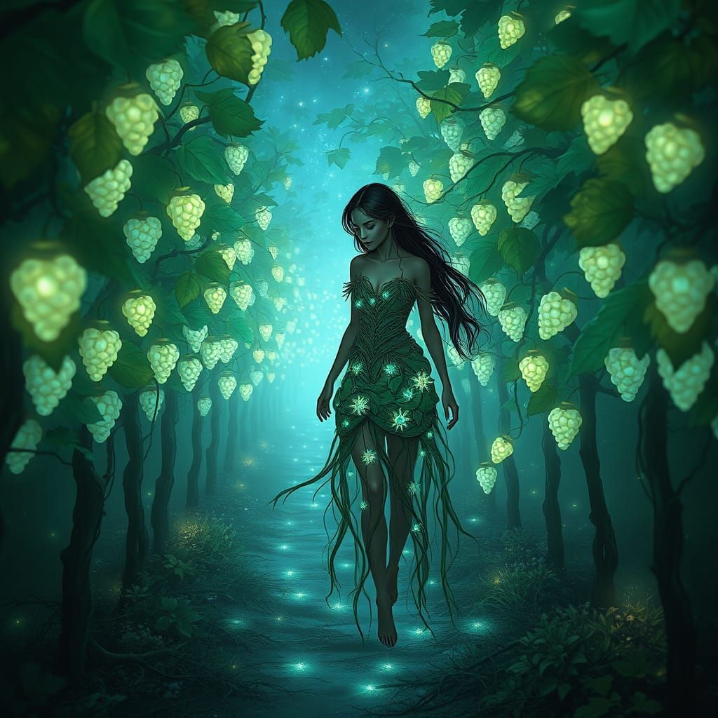 Enchanted Bioluminescent Vineyard in a Whimsical Forest