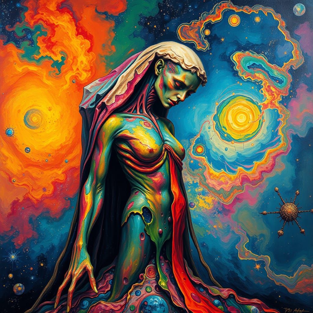 Surrealist Figure Merges with the Cosmos