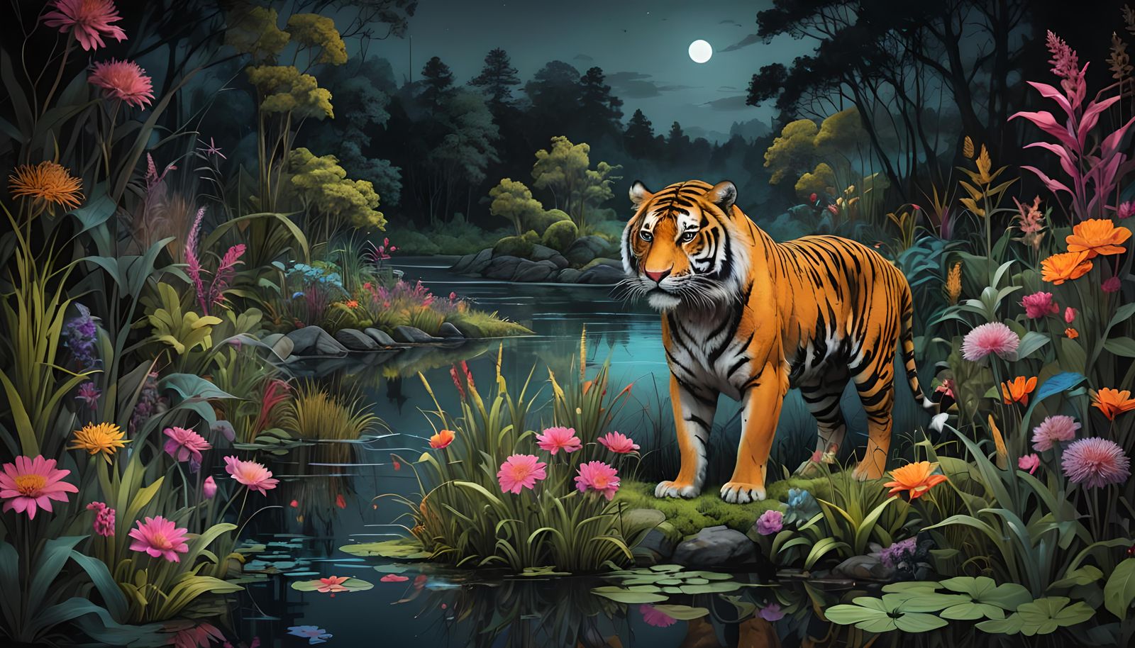 Neon Tiger in a Surreal Luminous Garden