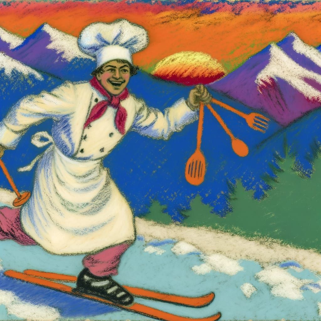 Chef Skiing Blue Ridge Mountains Sunset Oil Pastel Art