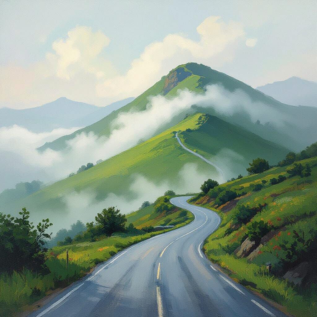 Misty Ridge Road in Impressionist Style