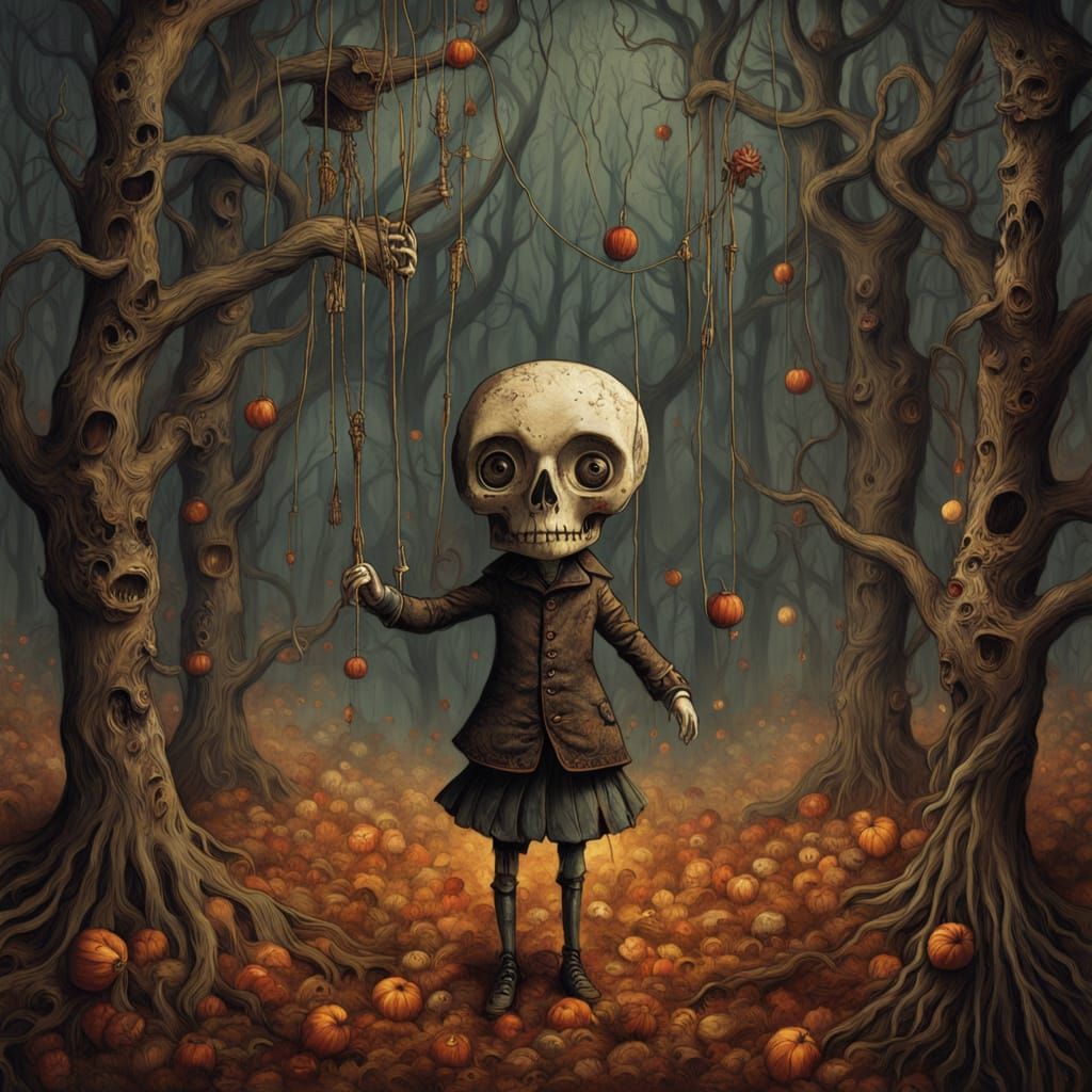 Creepy Marionettes Dance in Pop Surrealist Autumn Forest