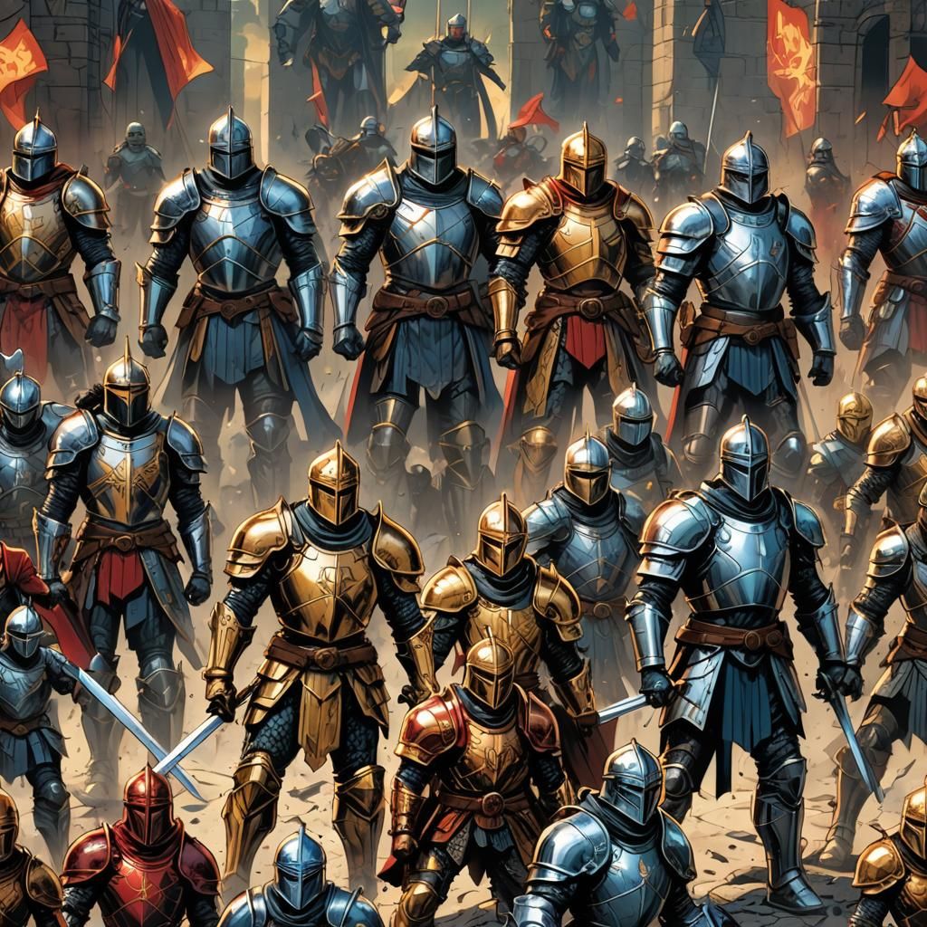 Dynamic Comic Book Knights in Metallic Armor