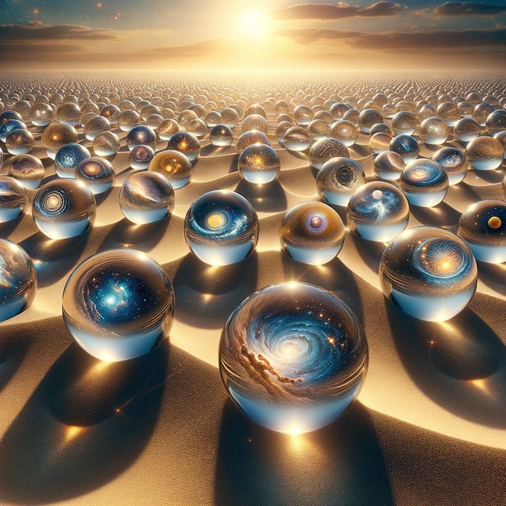 Glass Orb Desert with Miniature Galaxies and Twin Suns