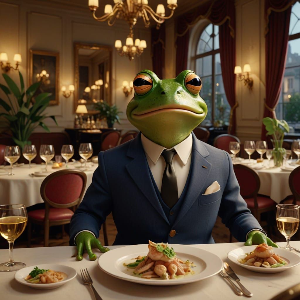 Astonished Frog at French Restaurant in Pixar Style
