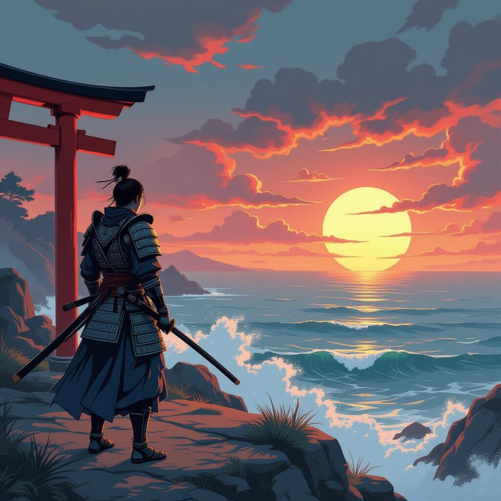 Samurai Warrior on Cliff Overlooking Sea at Sunset