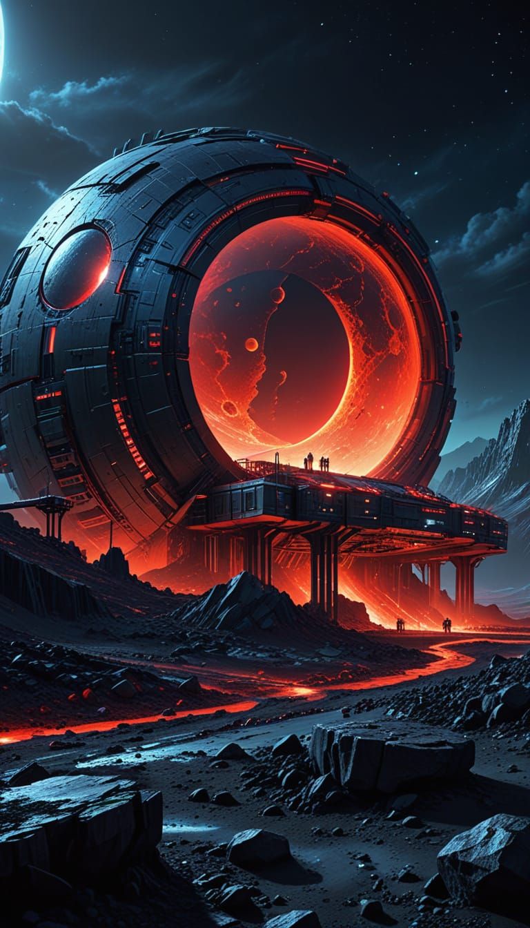 Sci-Fi Mining Outpost on Alien Moon with Glowing Cities