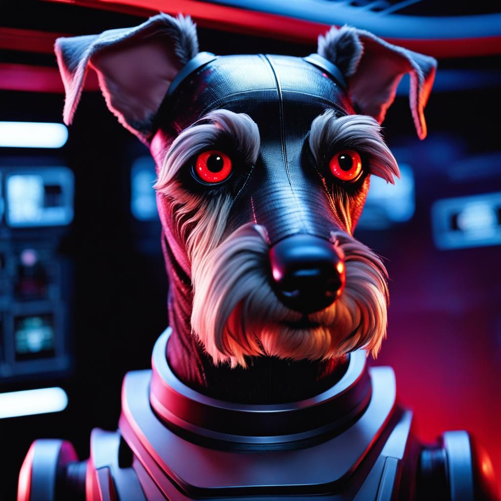 Cyberpunk Robot Dog Inside Spaceship Overlooking Earth