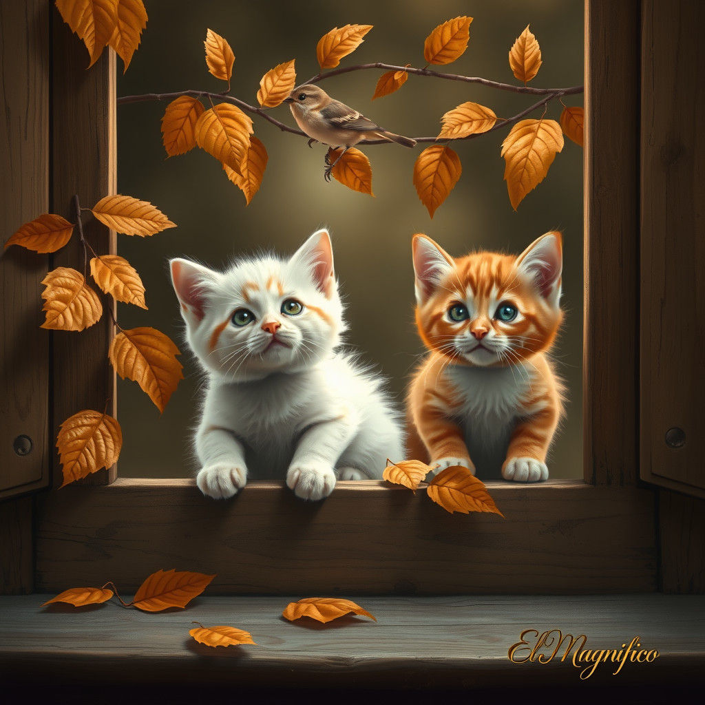 Kittens Watching Bird on Autumn Windowsill