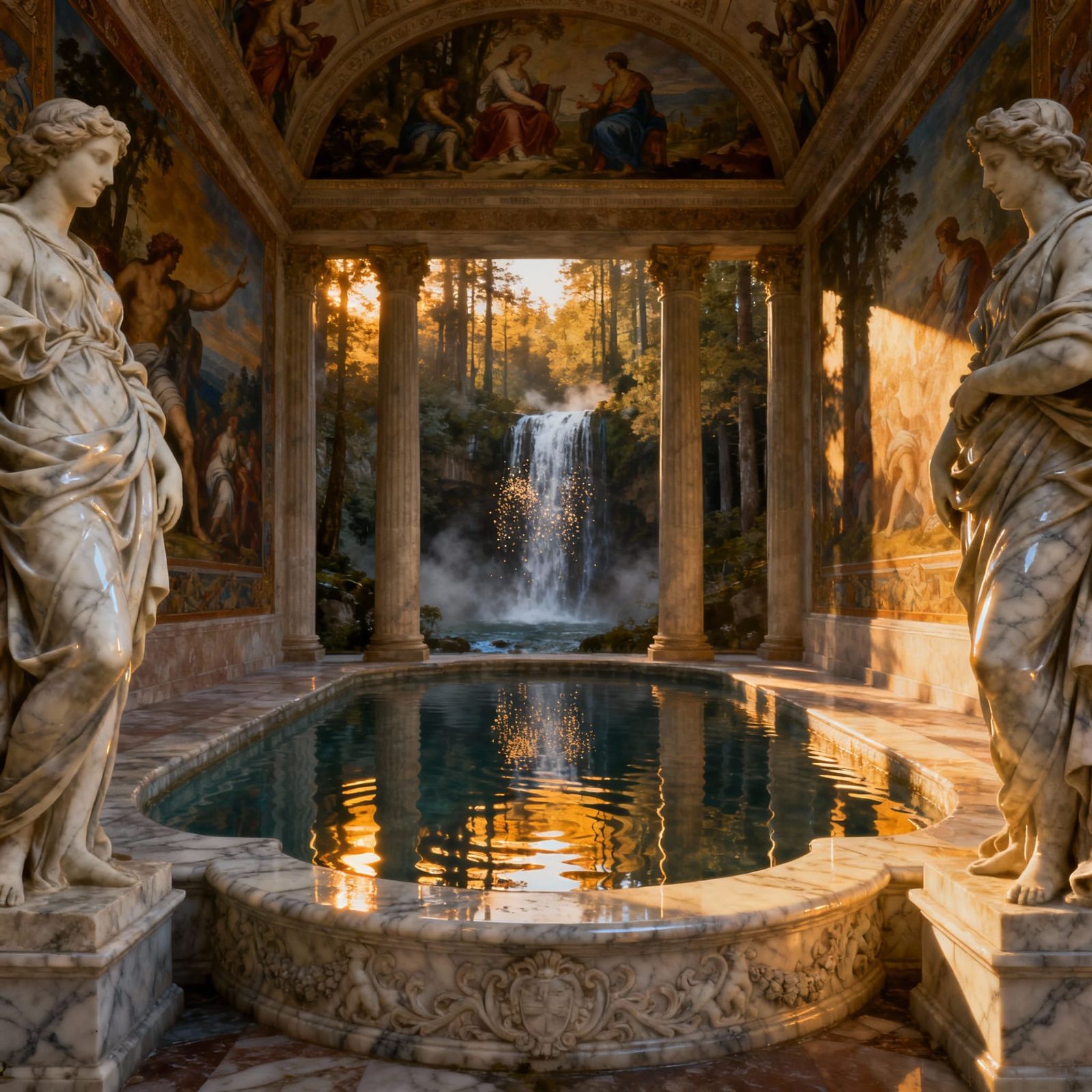 Elegant Pool with Forest Waterfall View and Marble Art