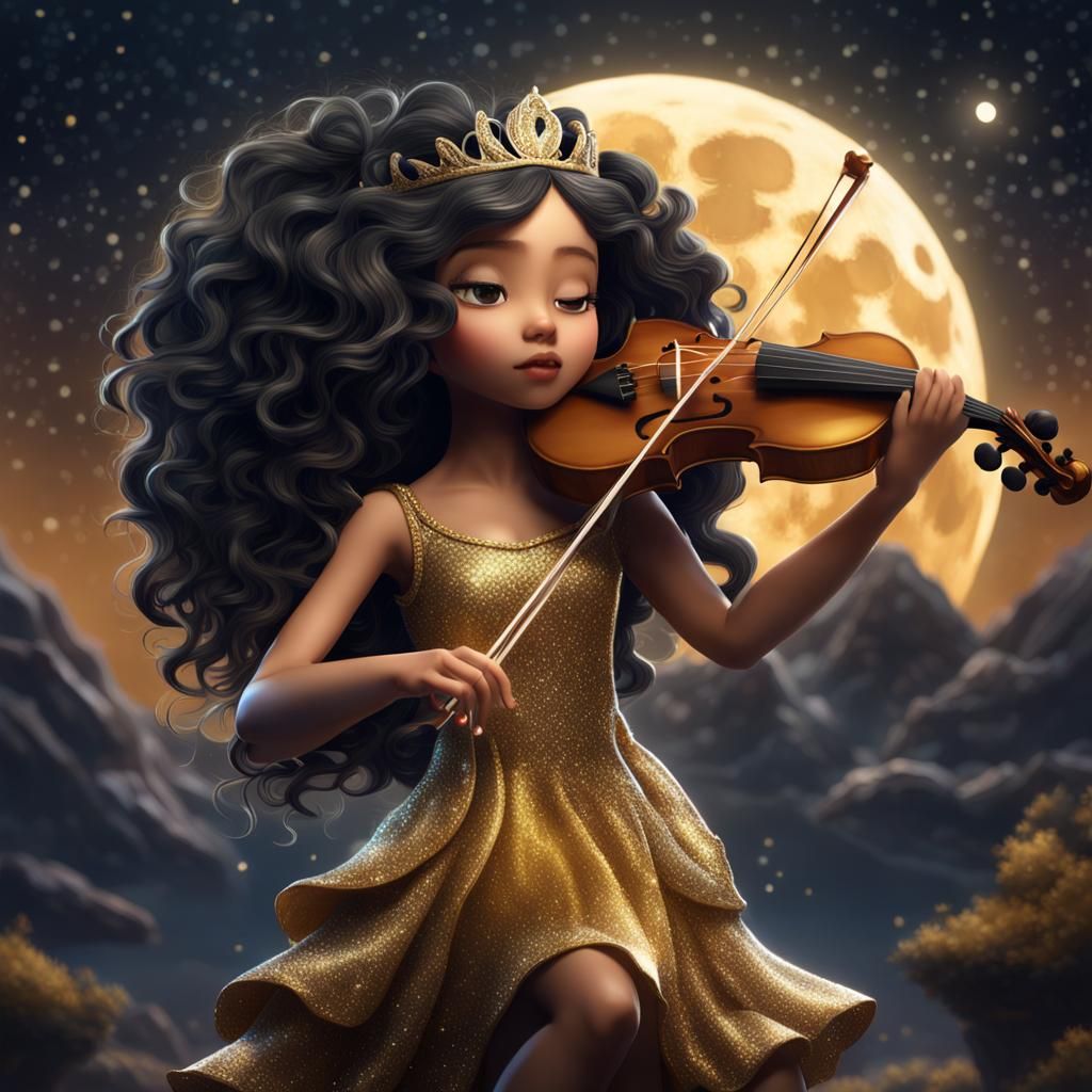 Chibi Woman Playing Violin Under Full Moon