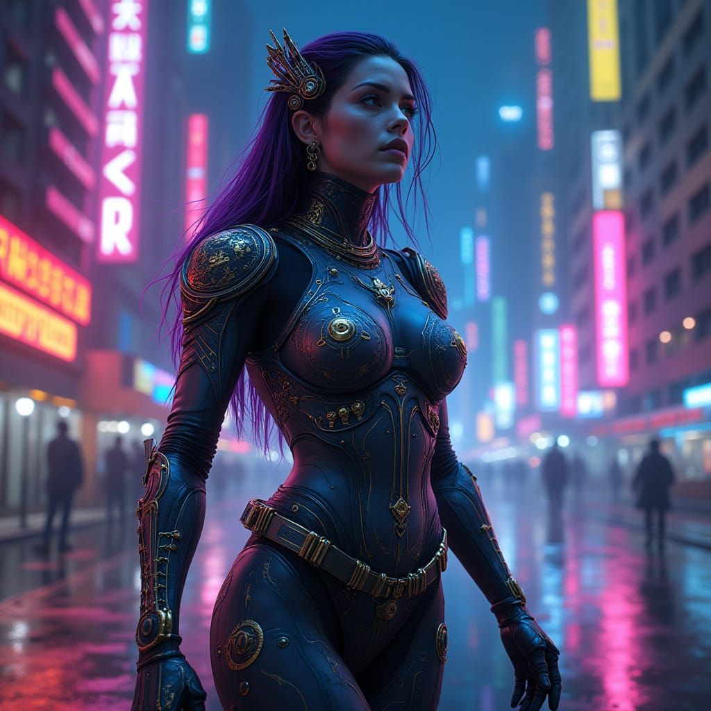 Envision Inanna, the Sumerian deity of love and warfare, reimagined as a cyberpunk warrior. She stands amidst a neon-lit...