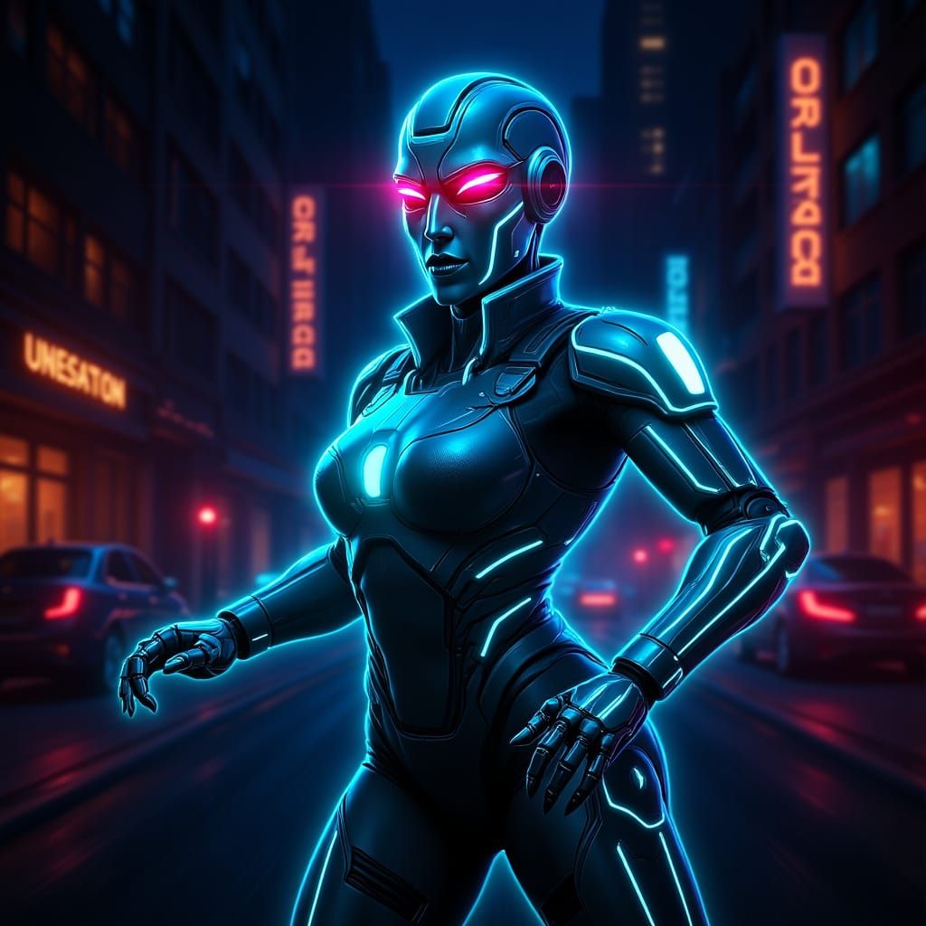 Cyberpunk Robot Runner in Glowing City