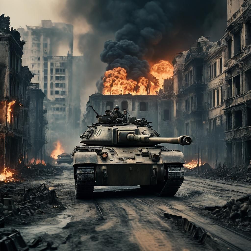 Tanks Navigate Through War-Torn City in Cinematic 35mm Film...
