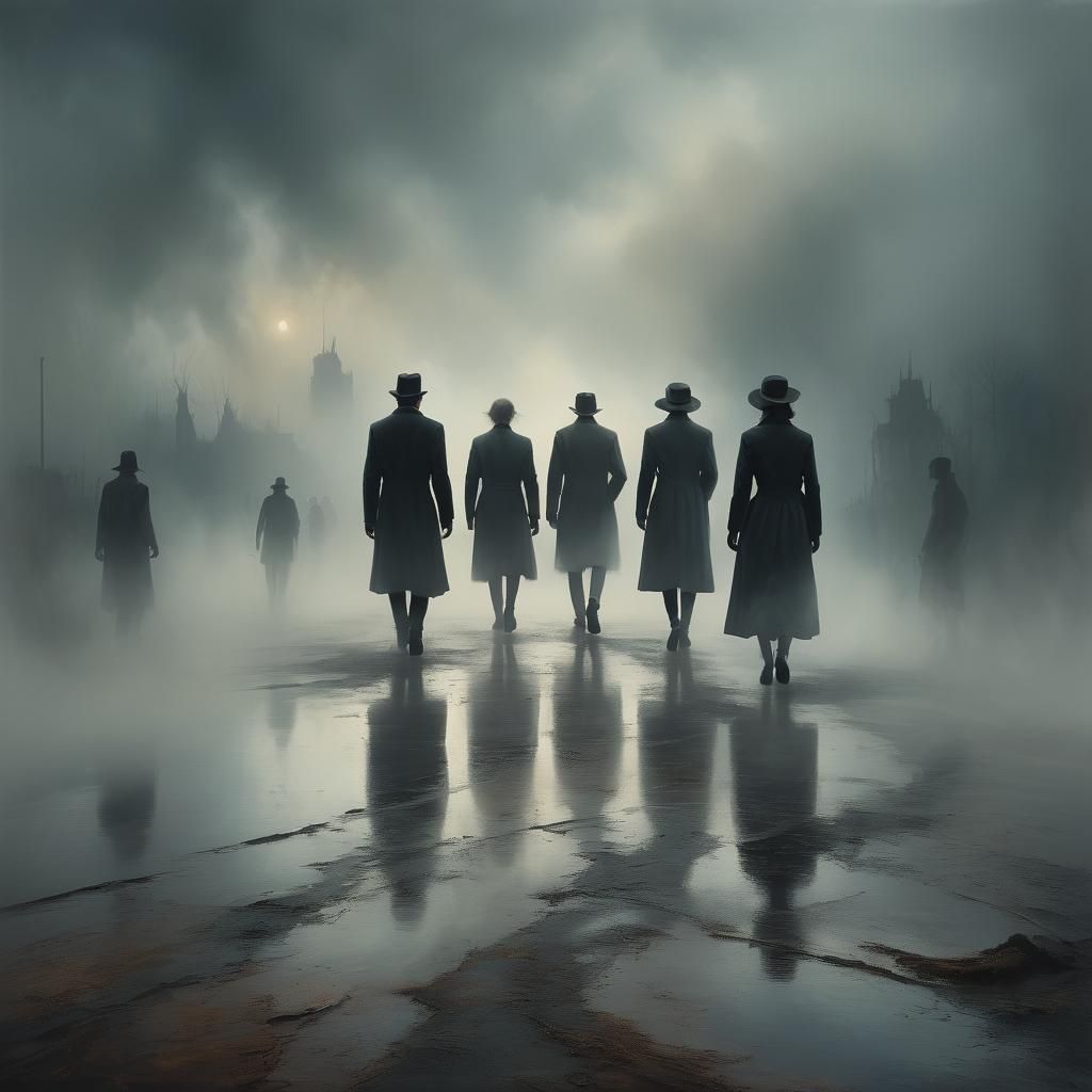 Eerie Figures Enter Mist in Dark Surrealism