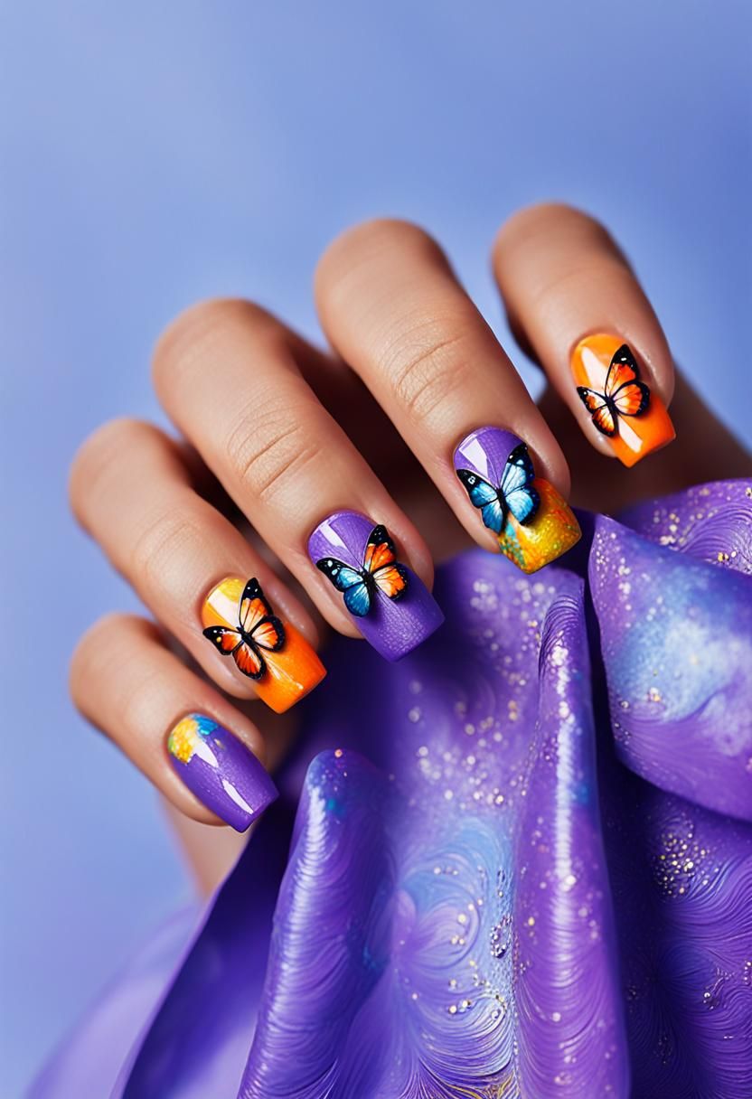 Vibrant Butterfly Nail Art in Expressive Style
