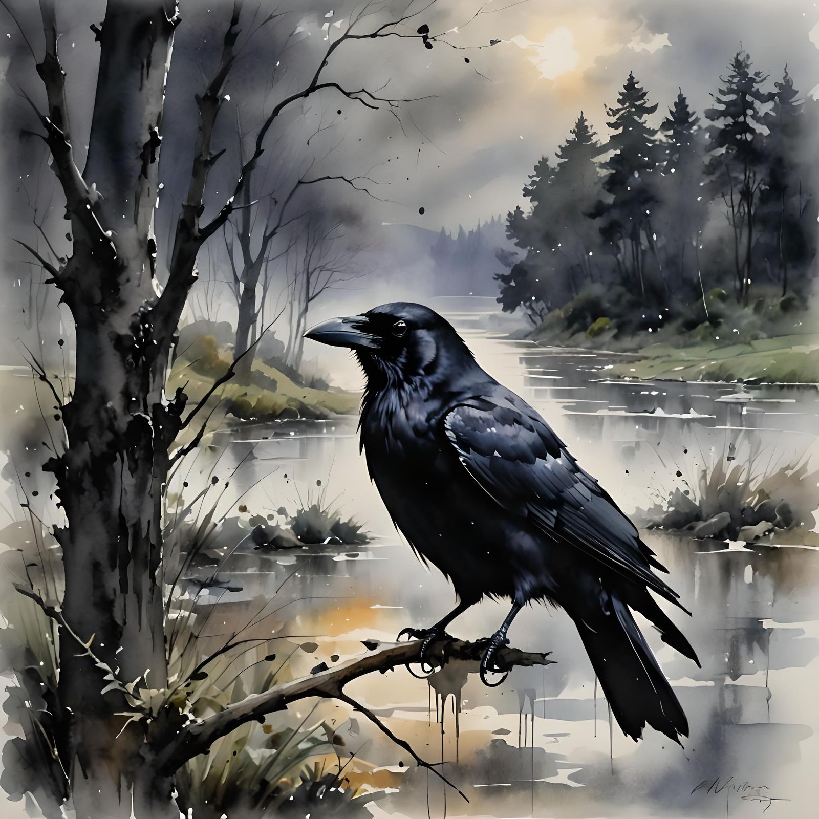 Crow Portrait in Rainy Landscape, Watercolor Ink Wash